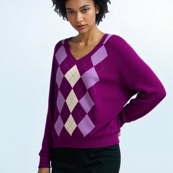 Jones New York Sport Medium Purple Argyle V-Neck Sweater Preppy Academia Tennis - Picture 1 of 6
